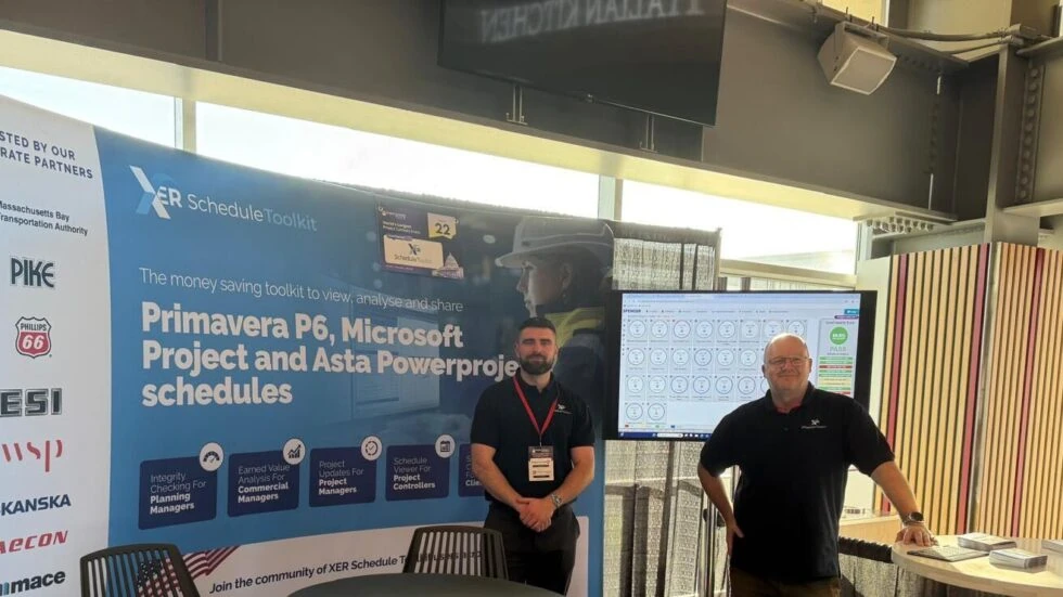 Chris Grosvenor and Ellis Denton at the XER Schedule Toolkit stand at the Project Controls Expo