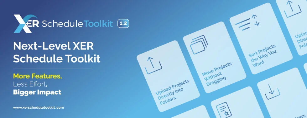 Gradient background (XER blue to a lighter XER blue) the XER Schedule toolkit 1.2 logo in the upper left corner, and the title "Next-Level XER Schedule Toolkit" with "more features, less effort, bigger impact" and the toolkit's URL under that and a graphic of some of the features to the right of that