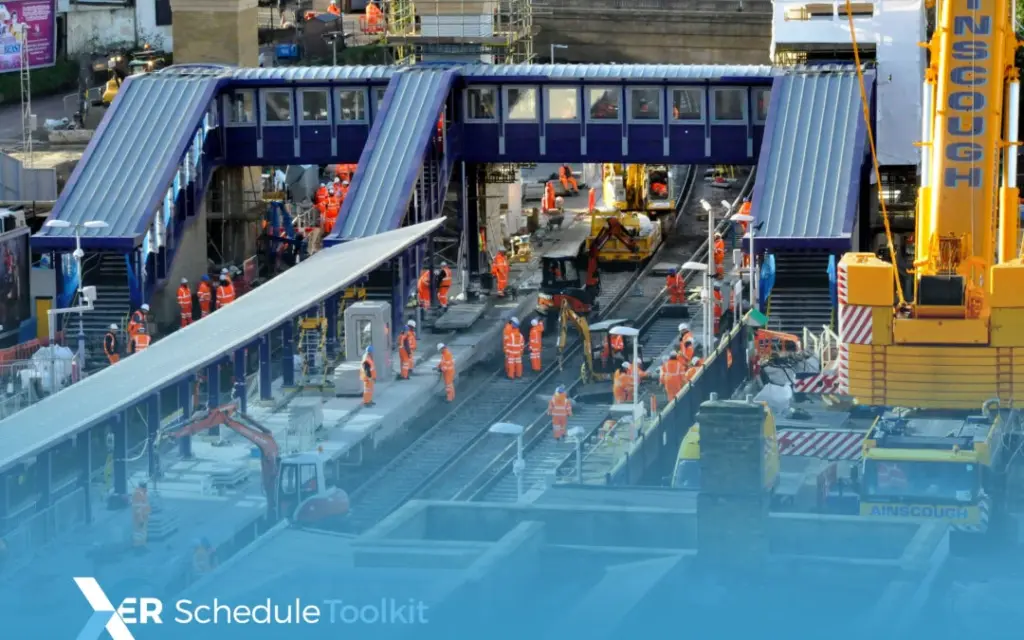 Lots of people working on a station site, with XER Schedule Toolkit overlayed in the bottom left corner