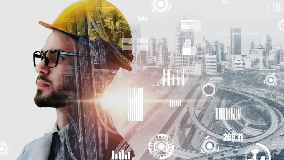 Man facing the left, looking off into the distance with a birds eye shot of a highway overlapping him, and behind him is another image of a highway with a city view on the horizon, with lots of icons graphs and numbers overlayed on it