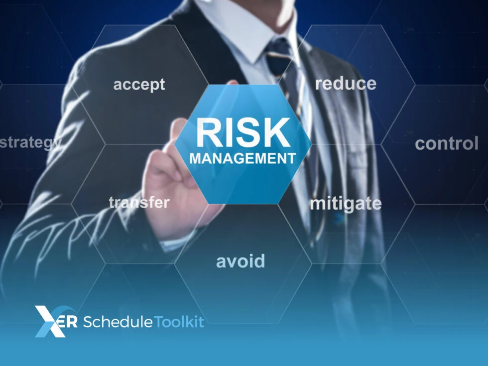 Man in a suit and tie going to push a hexagonal button that says risk management, which has other hexagons around it with the words accept, reduce, strategy, transfer, mitigate, control, and avoid in them