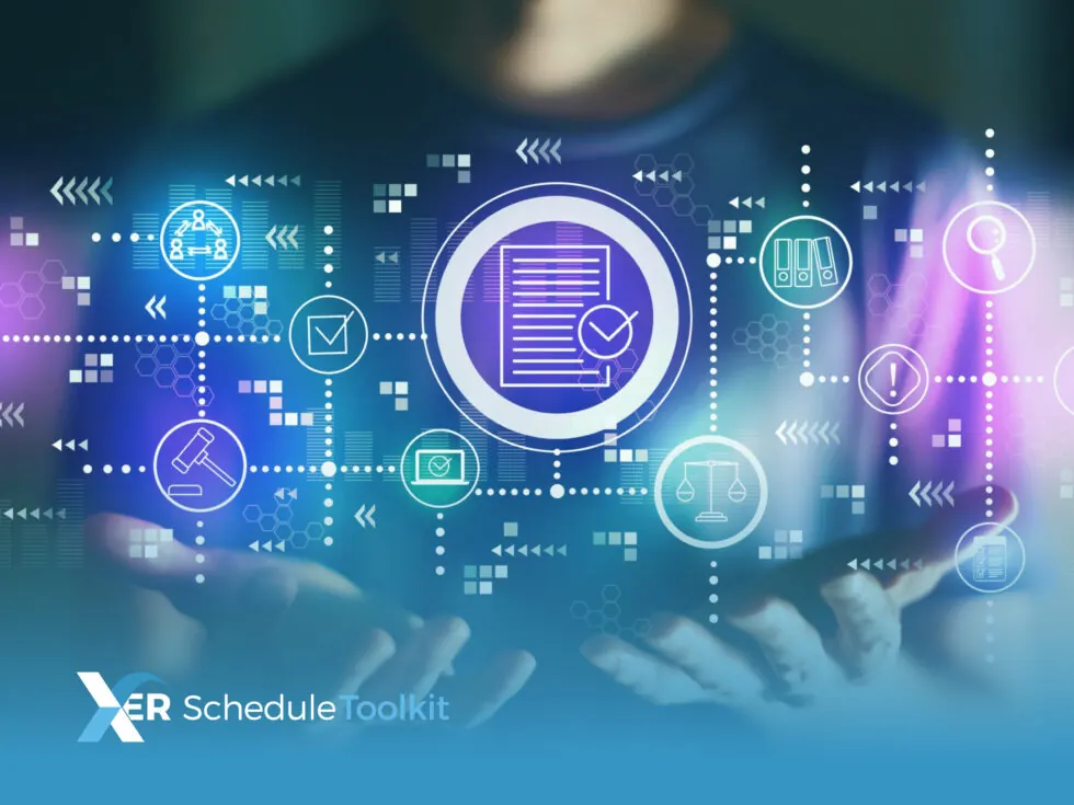 Person facing towards the camera, with their hands in front of them, open plamed, palms facing upwards, with a large circle containing a paper with a check mark over lapping it, and other smaller circles containing different icons around it, each being connected by loads of dots, in front of them