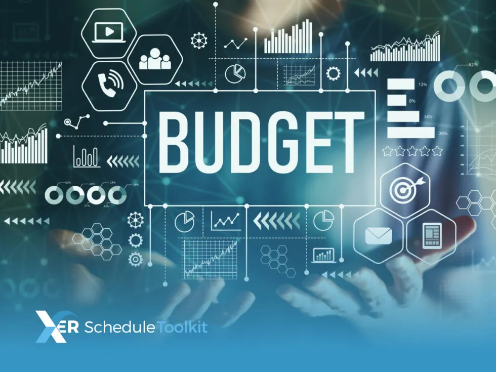 Person facing towards the camera, with their hands in front of them, open plamed, palms facing upwards, with a large rectangle containing the word budget, surrounded by different icons statistics graphs and patterns in front of them