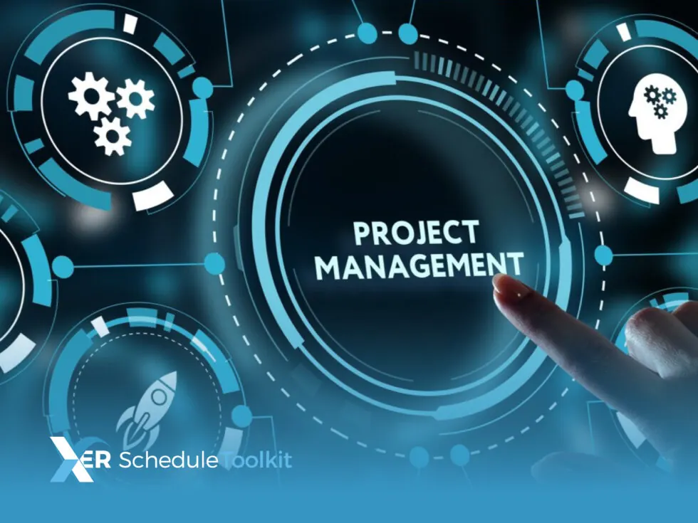 Person reaching to tap on a large hologram circle that says project management, with other icons in circles like cogs, a rocket, a head with cogs in it, around the large one